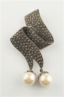 Sterling Marcasite Brooch with Faux Pearls