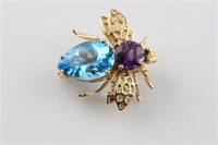 14kt Yellow Gold, Blue Topaz Bee Pin