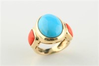 14kt Yellow Gold, Turquoise, Coral Ring