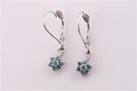 14kt White Gold Blue Diamond Flower Earrings