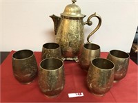 Etched Brass Cup and Teapot set