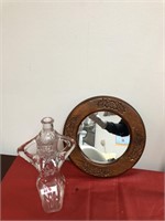 Wood Framed Mirror and Novelty Bottle
