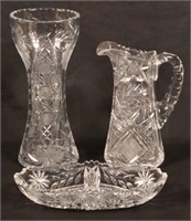 3 Pieces of Cut Glass. Pitcher, vase and oval