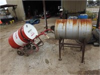 2- 55 GALLON DRUMS WITH STAND AND DOLLY