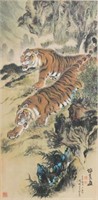 LARGE SIGNED CHINESE TIGERS WATERCOLOR