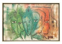 SIGNED ACRYLIC PAINTING, FIVE FIGURES
