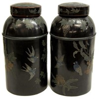 (2) CHINESE CYLINDRICAL BLACK LACQUER CANNISTERS