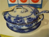 English Blue Gravy Bowl, Blue Floral and Gold