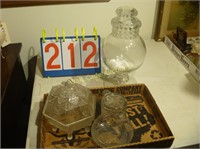 3 Pieces, Candy Dishes and Etched Glass Pitcher
