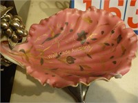 Candy dish-pink on pewter stand