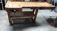 Wooden Work Bench With Two Wood Vise