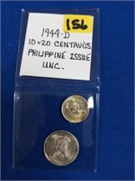 1944 D, PHILIPPINE ISSUE 10 & 2 CENTAVOS - UNC