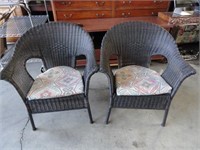 Two Round Back Wicker Chairs & Ottoman