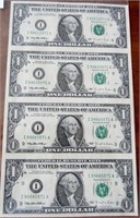 Uncut Sheet 4 pc. 1995 Uncirculated US $1 Bills