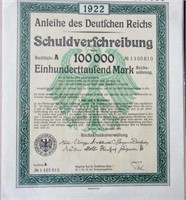 1922 German 100000 Marks Anleihe Bond Share