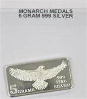 Monarch Medals 5 Gram .999 Fine Silver Ingot