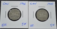 CAD 1940 &46 EF & VF Nickels