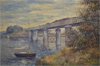 John Clymer River Landscape w/ a Bridge O/C