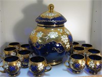 BEAUTIFUL ORNATE BLUE & GOLD PUNCH BOWL AND CUPS