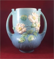 Roseville Blue White Rose Vase