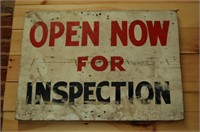 Vintage Wooden Open Now for Inspection Sign