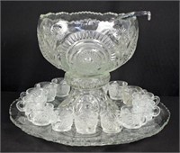 Pressed Glass Punch Bowl w/ Underplate and Cups