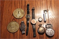 Pocket watch, 3 wristwatches, NOT REAL COINS