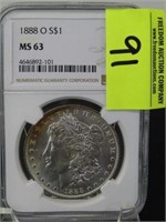 1888-O MORGAN SILVER DOLLAR - MS63 BY NGC