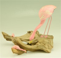 Carved miniature Pink Flamingos on drift wood