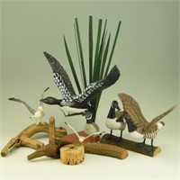 (5) Carved miniature decoys on driftwood: