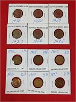 Six Buffalo Nickels & Six Indian Head Cents