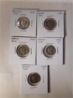 5 WWII silver Mercury Head dimes
