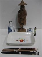 Asian Lot - Includes 11" Signed Wood Figurine