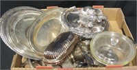 Box Lot Of Silver Plated Vintage Trays & More