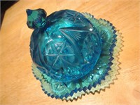 7" Lidded Blue Depression Glass Bowl