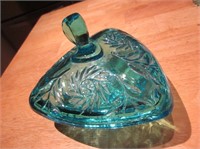 7" Lidded Blue Triangular Depression Glass Bowl