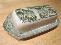 7" Vintage English Green-White Pottery Butter Dish