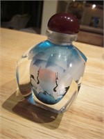 3.25" Hand Painted Cranes On Glass Perfume Bottle