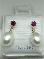 14k Yellow Gold Ruby Fresh Water Pearl Earrings