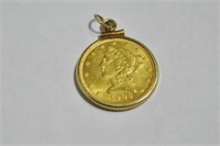 1906 - $5 GOLD COIN IN 14K GOLD BEZEL - LIBERTY