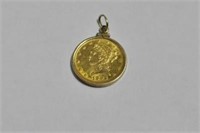 1892 - $5 GOLD COIN IN 14K GOLD BEZEL - LIBERTY