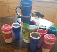 PLASTIC TRAVEL MUGS -- SOME WITH LIDS - SOME WITHO