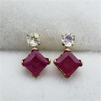 $250. 10KT  Gold Moonstone & Ruby Earrings