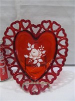 Red hand painted heart dish, signed