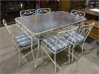 Iron table w. glass top & 6 chairs