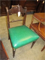 Unusual wood chair, green seat