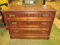 Marble top 3 drawer chest, missing part of 2 pulls