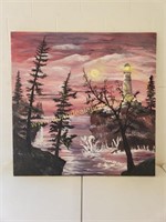 Lighthouse Pink Skyline Painting