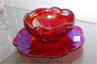 8" Carnival Glass Bowl W/ 12" Under Plate