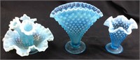 3 FENTON BLUE OPALESCENT HOBNAIL PIECES/ 1 EPERGNE